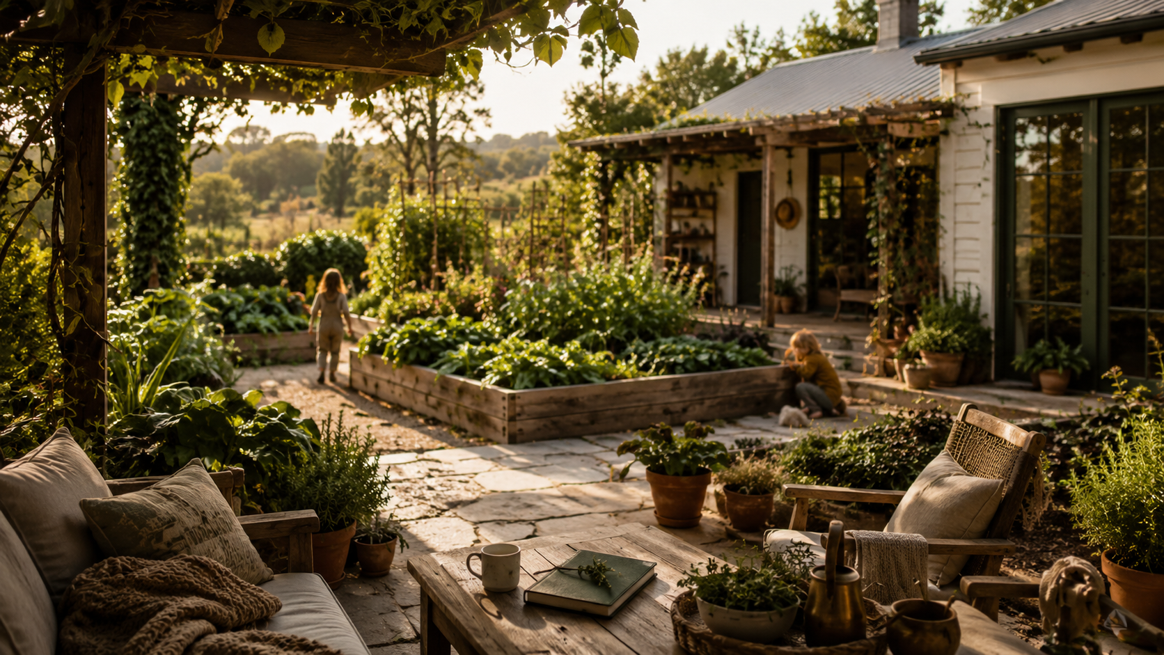 Family at a food-producing homestead retreat with garden, outdoor living, and warm rural home atmosphere.