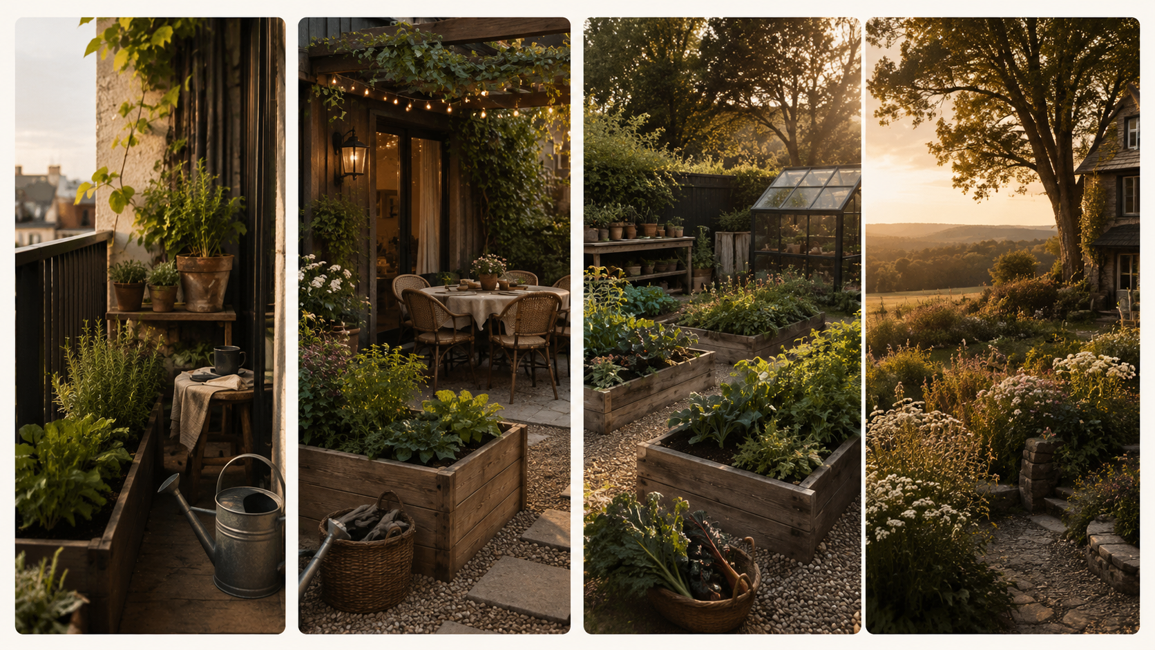 Composite or spectrum visual showing balcony, patio, backyard, garden, and acreage-scale growing spaces.